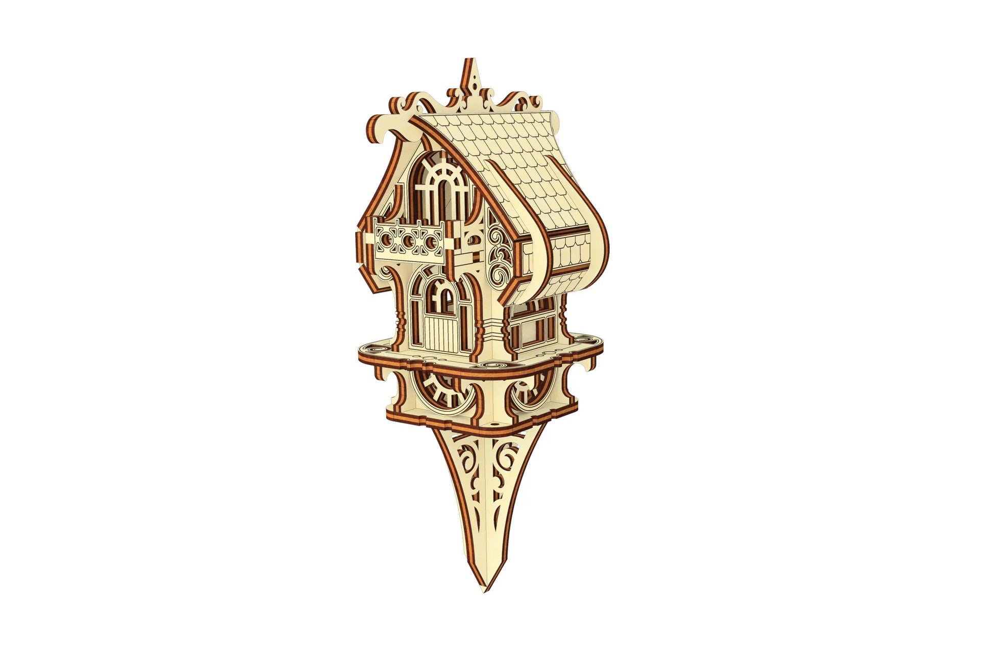 Small Elf House model with garden stake, featuring detailed laser cut plywood roof and ornamental base.