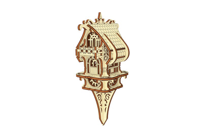 Small Elf House model with garden stake, featuring detailed laser cut plywood roof and ornamental base.