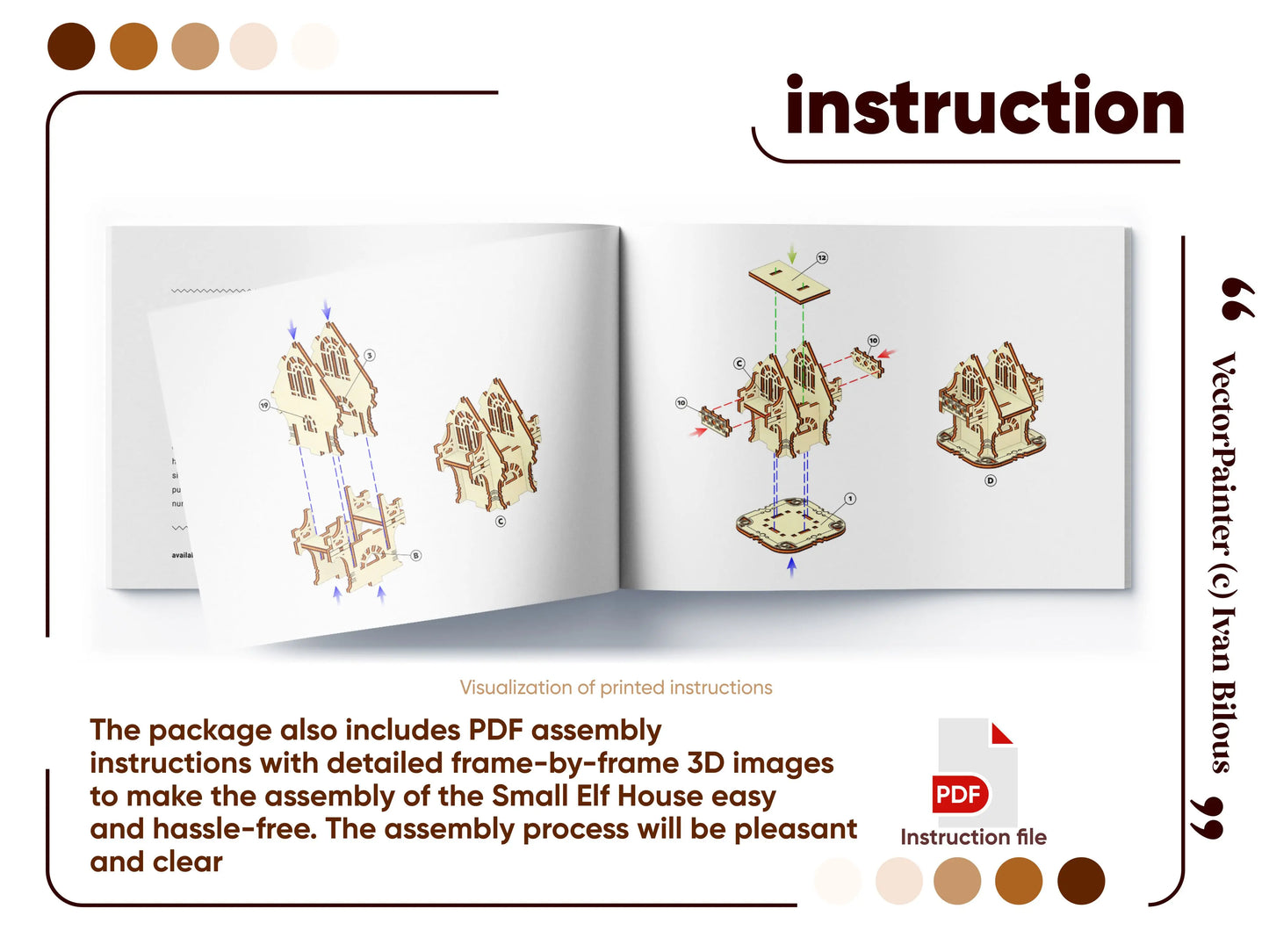 Open book displaying digital PDF 3D step-by-step assembly manual steps for building a small laser cut plywood elf house.