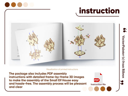 Open book displaying digital PDF 3D step-by-step assembly manual steps for building a small laser cut plywood elf house.