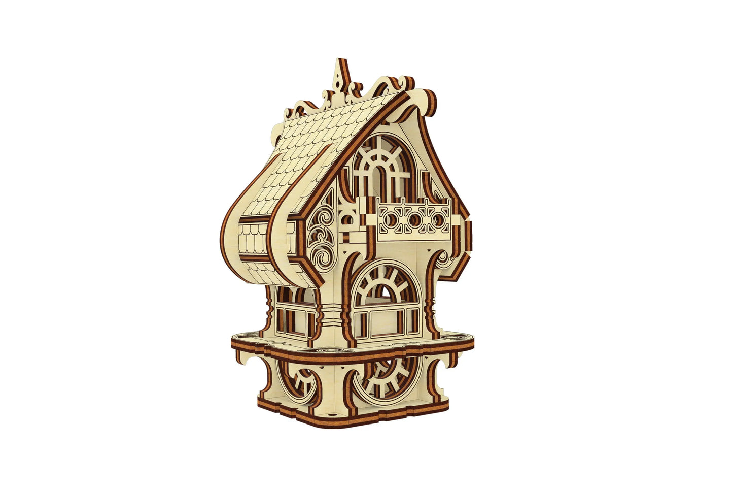 Perspective view of 3D laser cut plywood Small Elf House, highlighting balcony and decorative roof details.