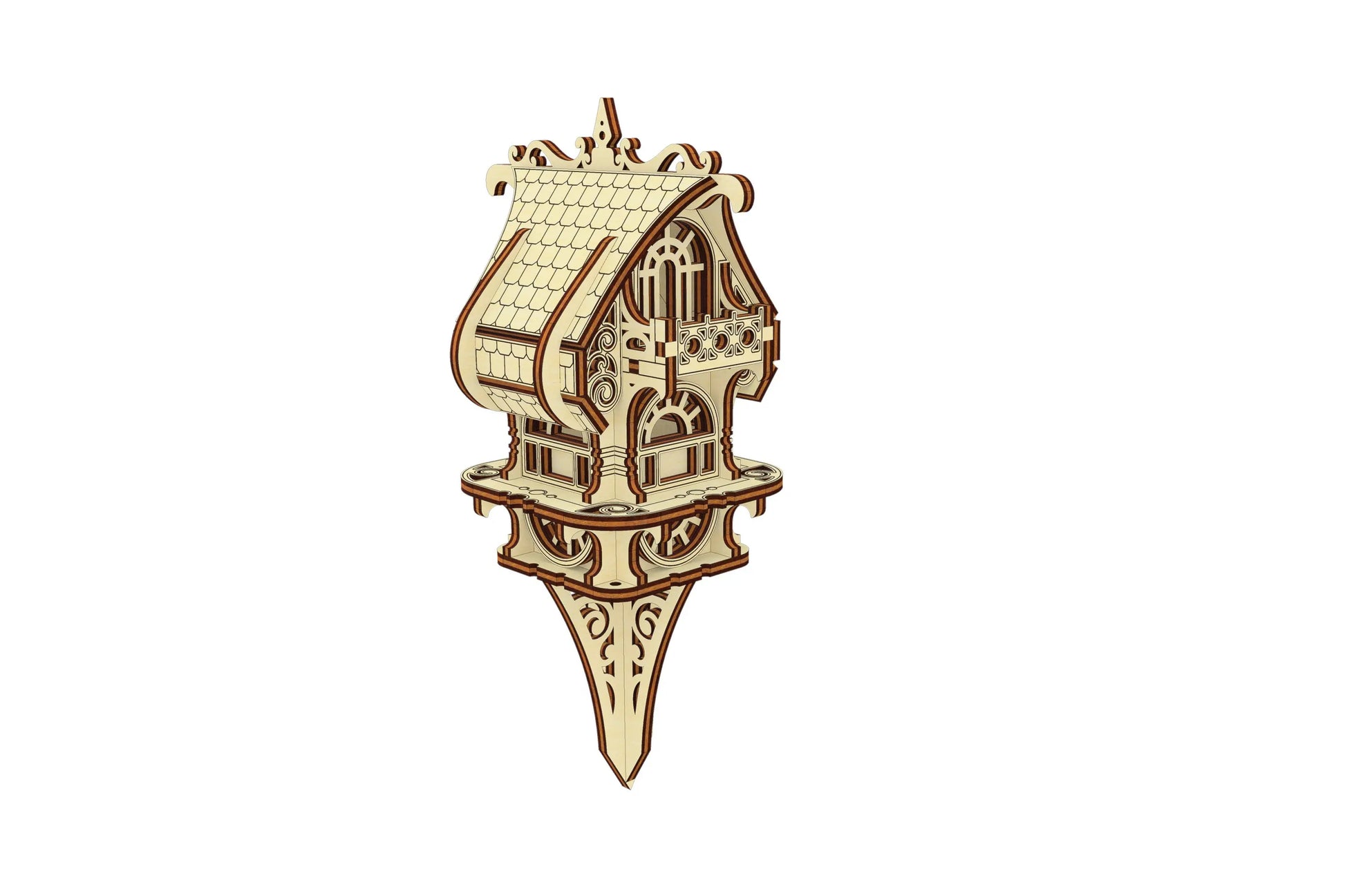 Miniature Small Elf House model with a garden stake, made from laser cut plywood with ornate balcony and windows.