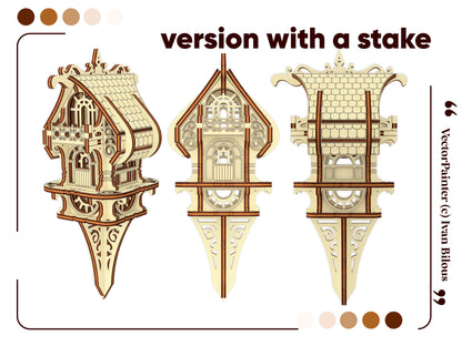 Laser cut project: fantasy-inspired elf house for display.