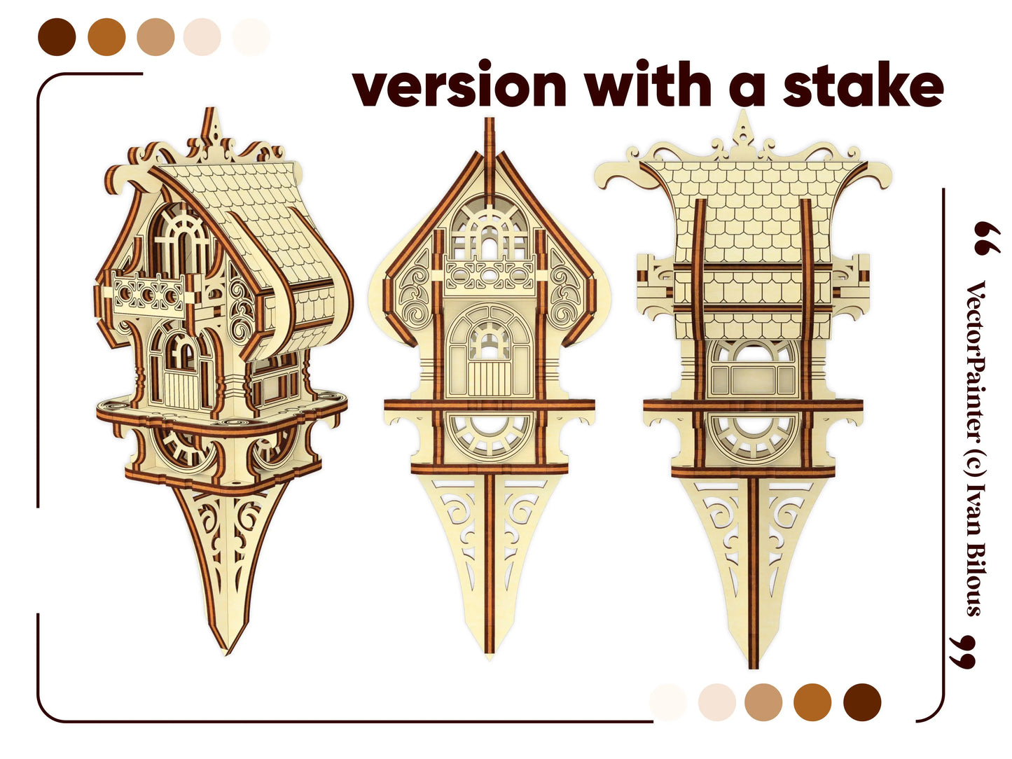 Small Elf House design version with a garden stake, crafted from laser cut plywood for outdoor or indoor plant pots.