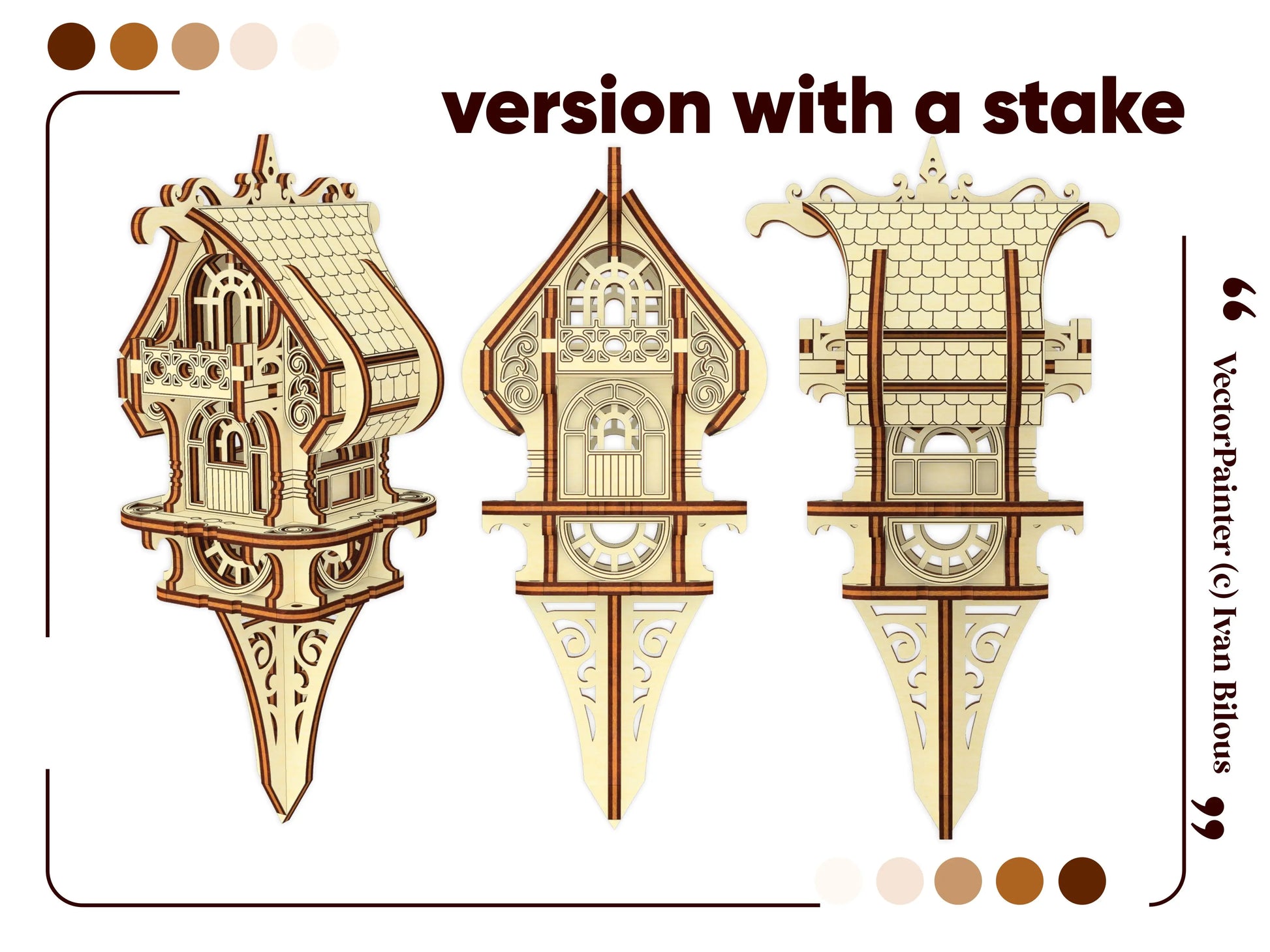 Small Elf House design version with a garden stake, crafted from laser cut plywood for outdoor or indoor plant pots.