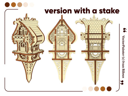 Small Elf House design version with a garden stake, crafted from laser cut plywood for outdoor or indoor plant pots.