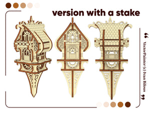 Laser cut project: fantasy-inspired elf house for display.