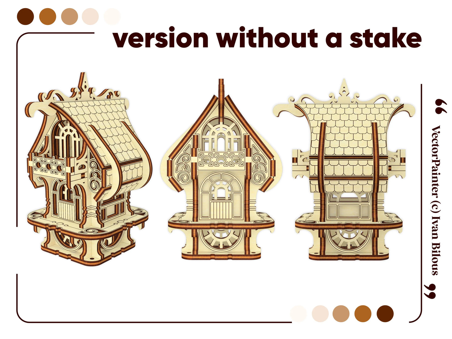 Tabletop version of the Small Elf House design. Intricate laser cut plywood model for whimsical home and garden decor.