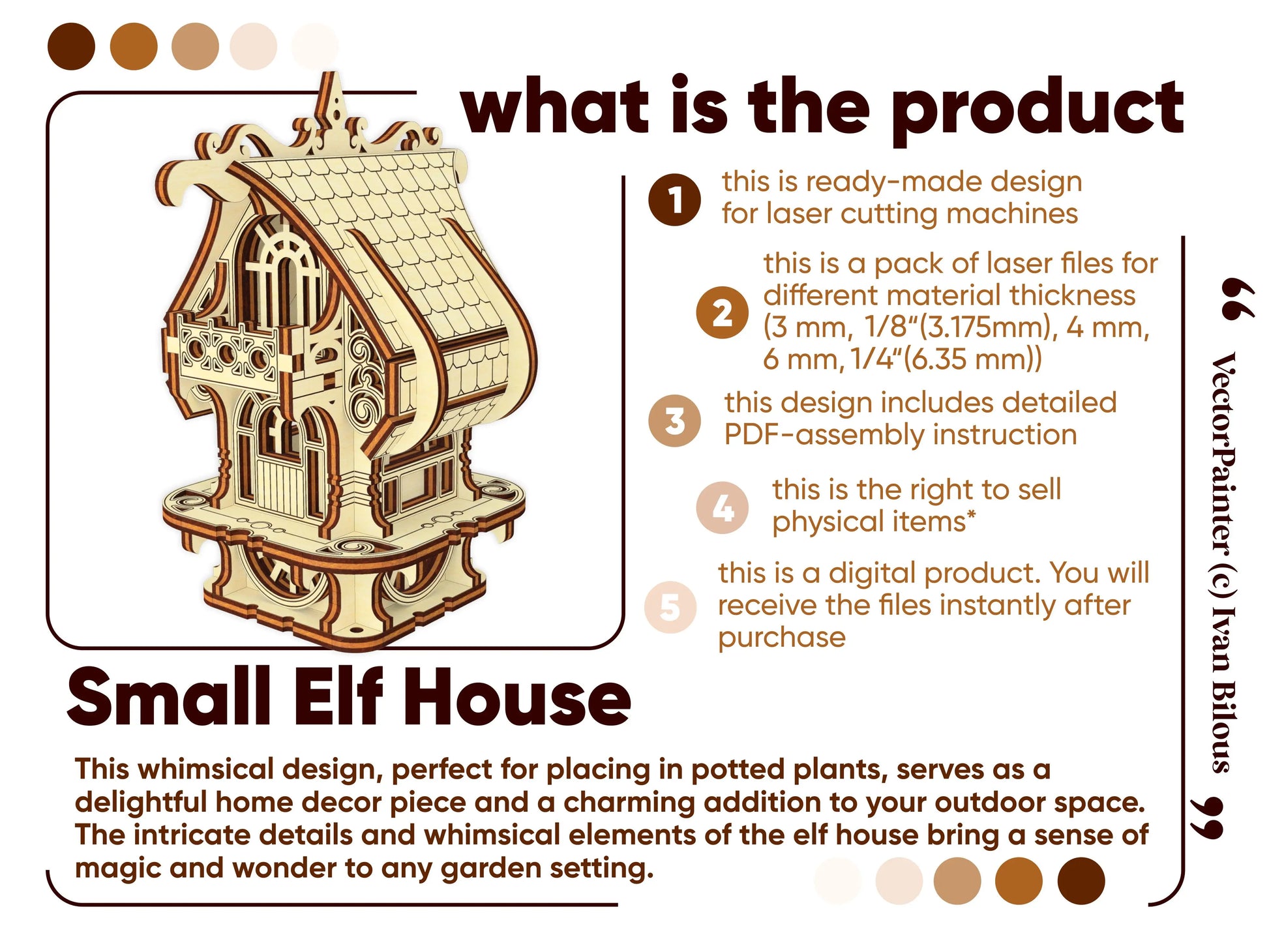 Digital product info: ready-to-use laser cut plywood files for Small Elf House, includes instructions and commercial rights.