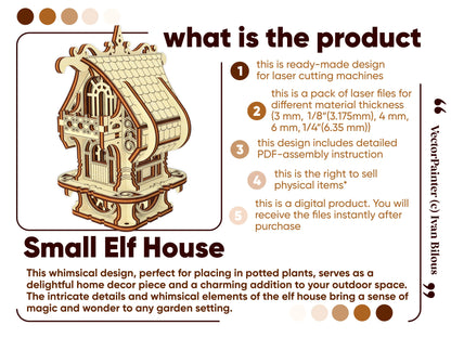 Digital product info: ready-to-use laser cut plywood files for Small Elf House, includes instructions and commercial rights.
