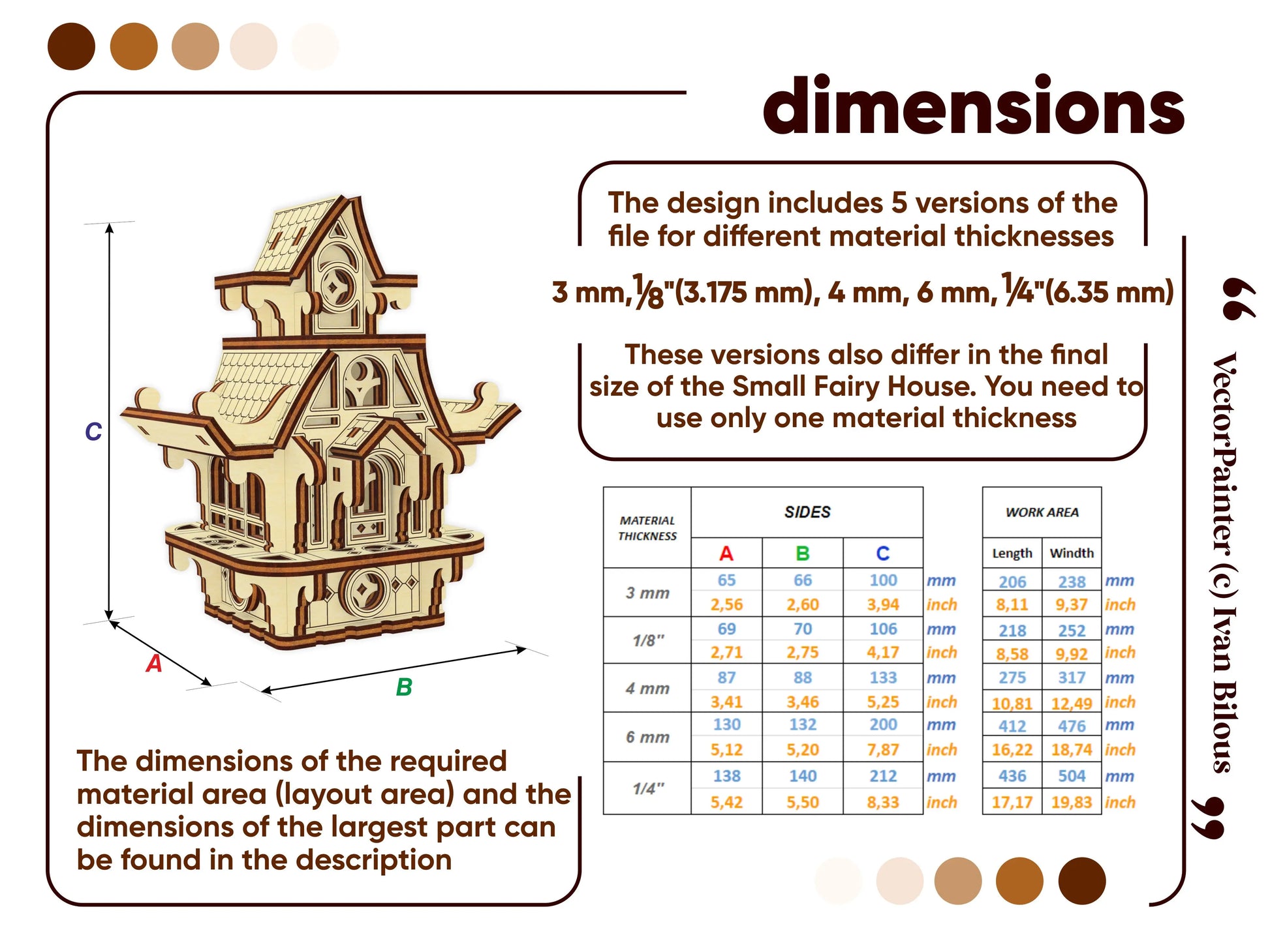 Dimensions chart for laser cut plywood house. Includes options for 3mm, 4mm, 6mm, and 1/4 inch material thicknesses.