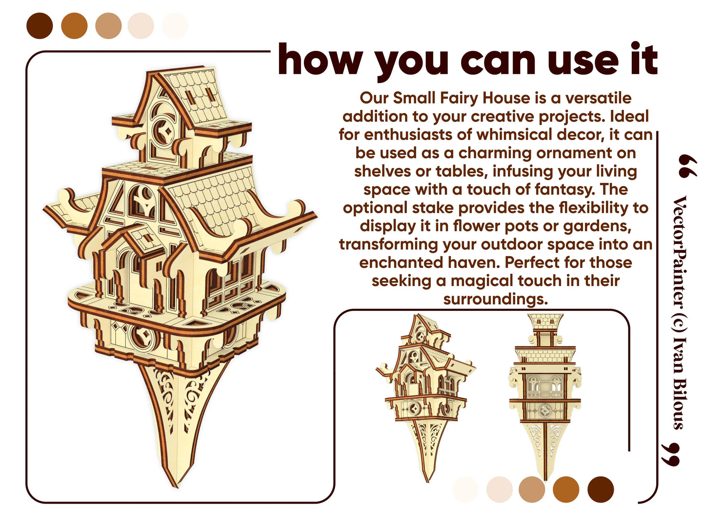 Creative uses for laser cut plywood fairy house. Ideal as whimsical home decor or as a garden stake for plants.