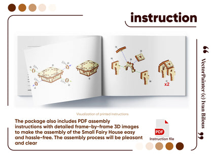 Detailed assembly instruction for laser cut plywood fairy house. Features 3D diagrams for easy DIY construction.