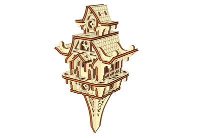 3D render of a small fairy house garden stake. A versatile laser cut plywood design for magical outdoor displays.