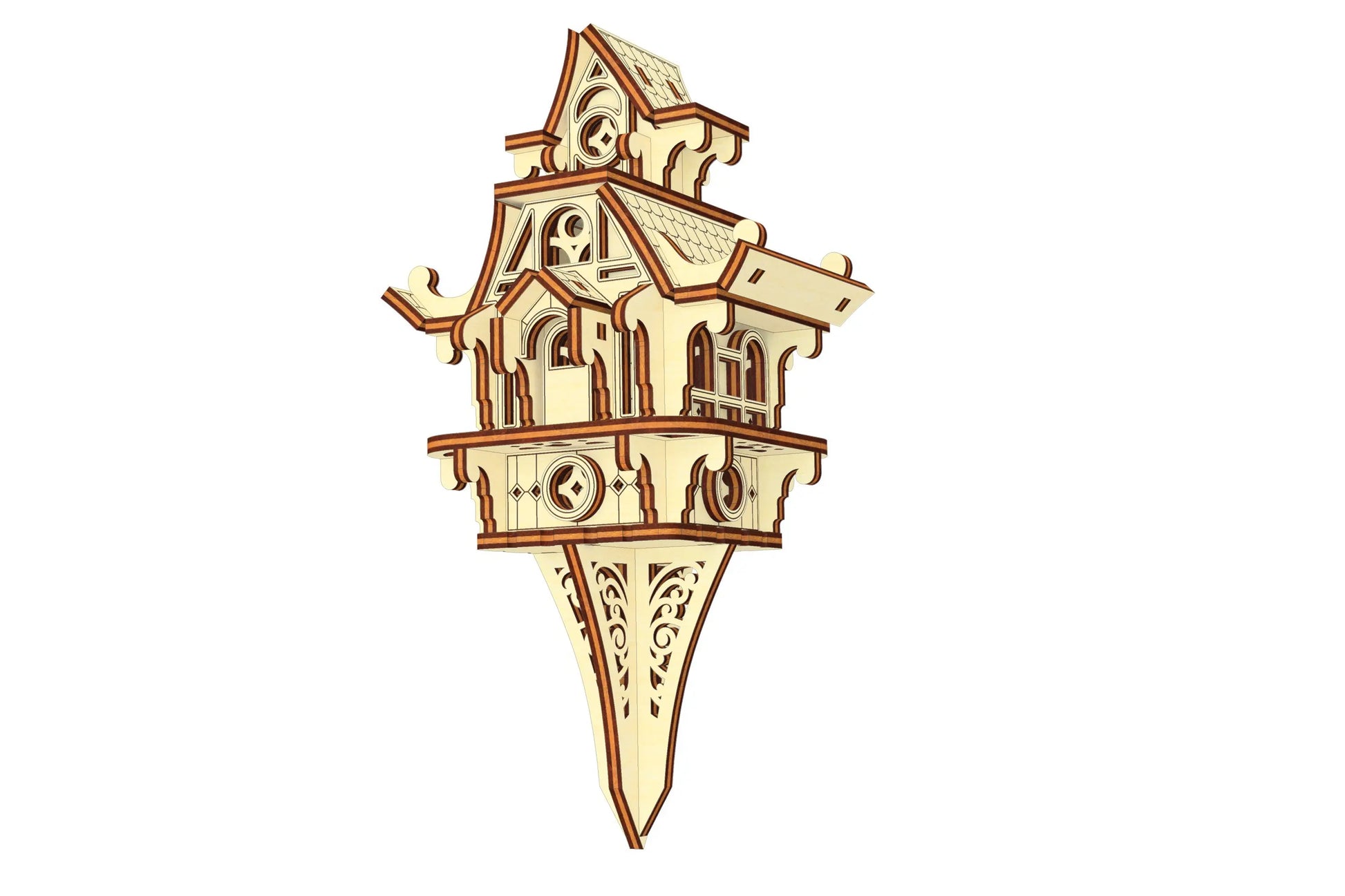 3D render of a fairy house garden stake project. Features detailed laser cut plywood components for magical decor.