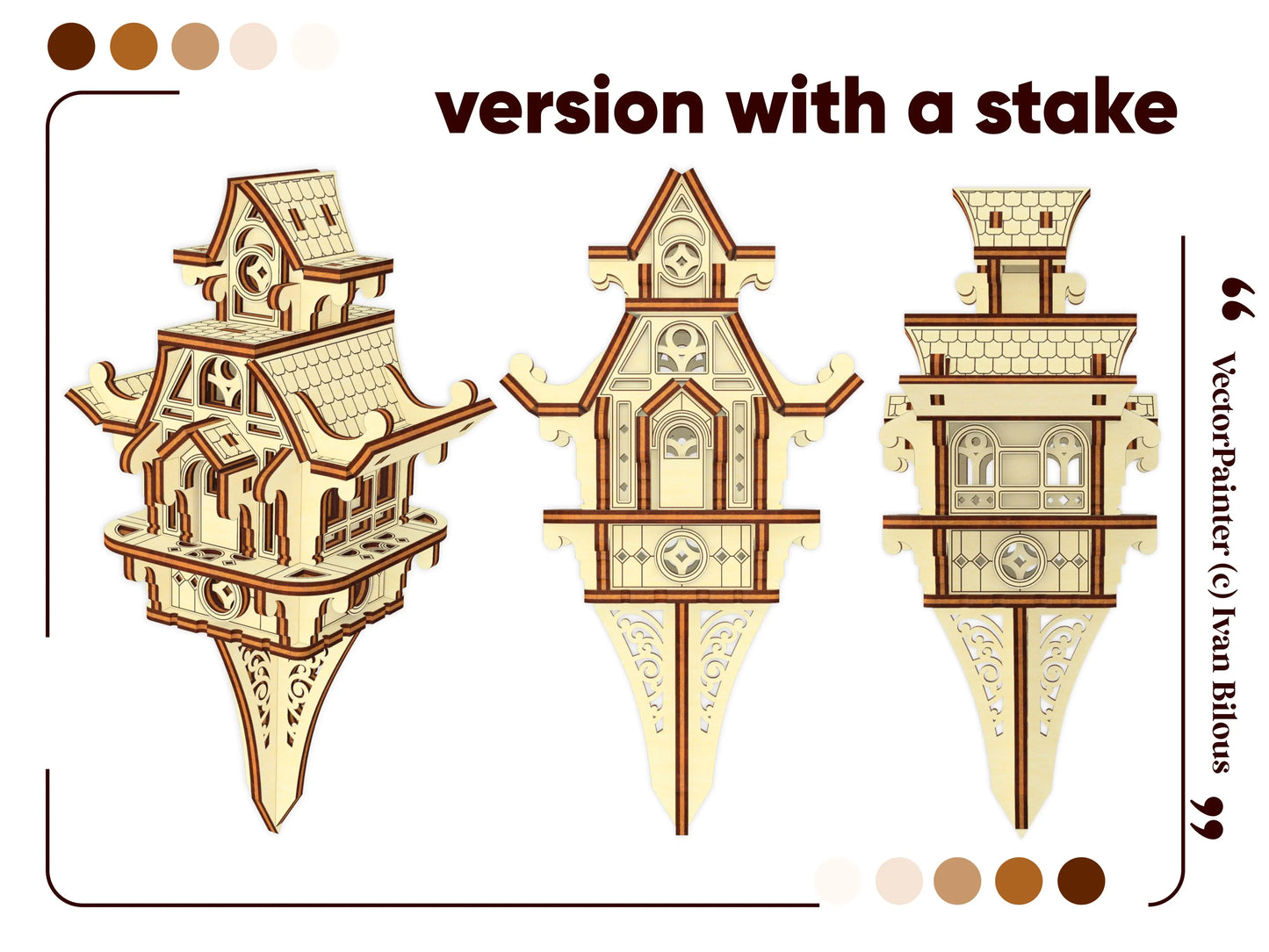 Garden stake version of laser cut plywood fairy house. Features decorative ornate stake for outdoor display.