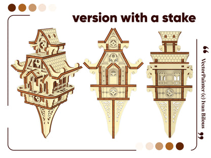 Garden stake version of laser cut plywood fairy house. Features decorative ornate stake for outdoor display.
