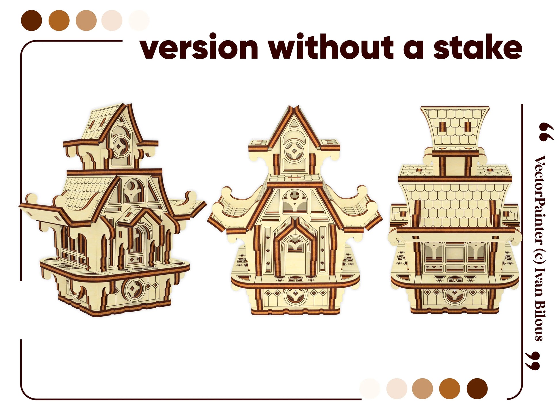 Desktop version of laser cut plywood fairy house without stake. Showcasing front and side view design details.
