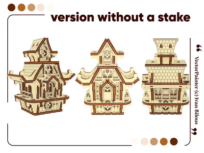 Desktop version of laser cut plywood fairy house without stake. Showcasing front and side view design details.