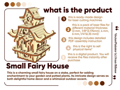 Product overview for laser cut plywood fairy house. Explains digital file purchase and commercial use rights.