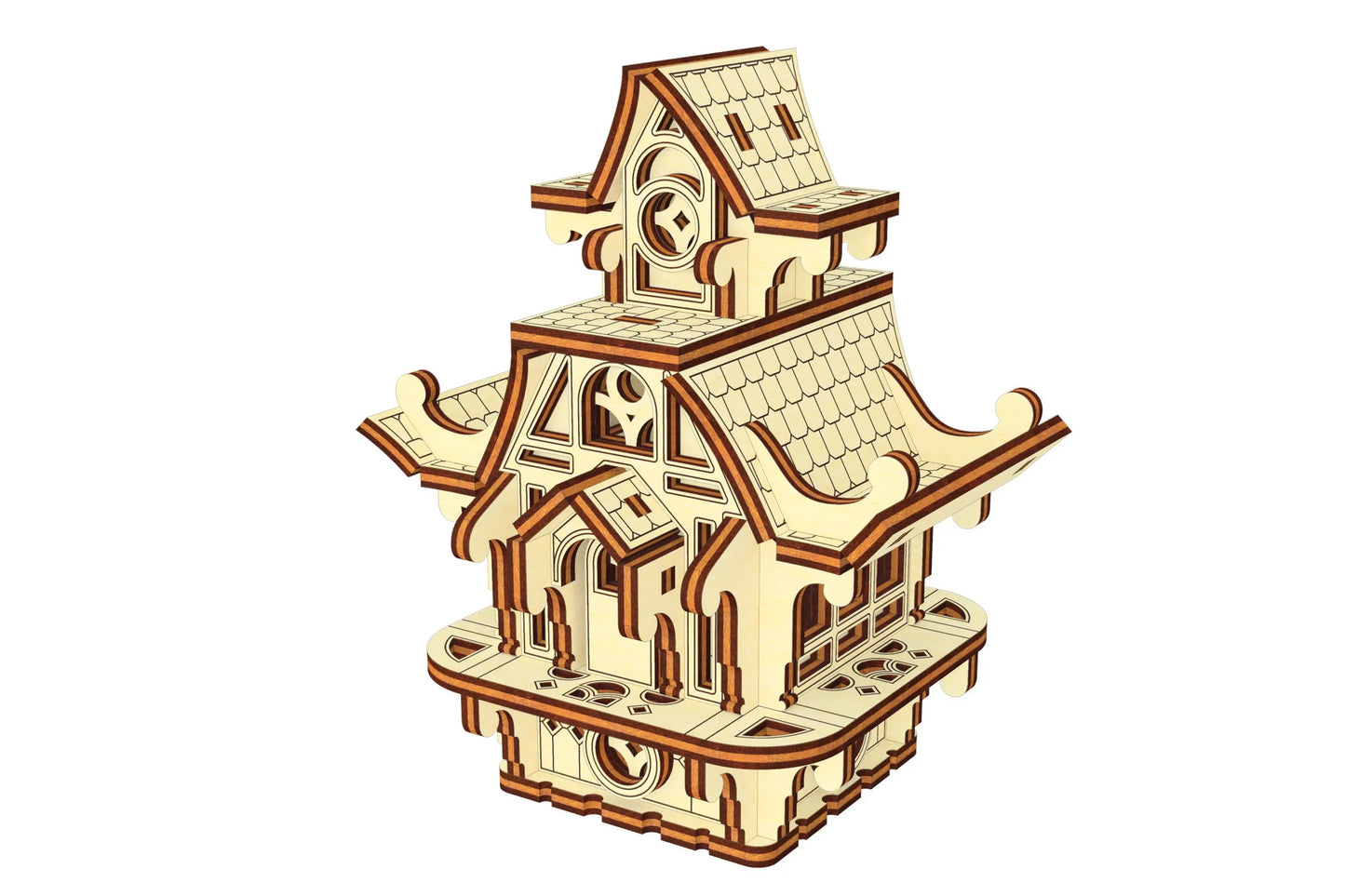 Isometric 3D view of a small fairy house design, crafted from laser cut plywood for intricate wooden model building.