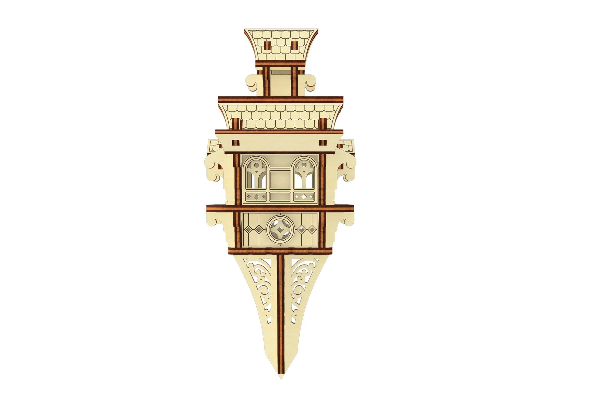 3D model of a fairy house garden stake design. Elegant laser cut plywood structure with an ornate pointed base.