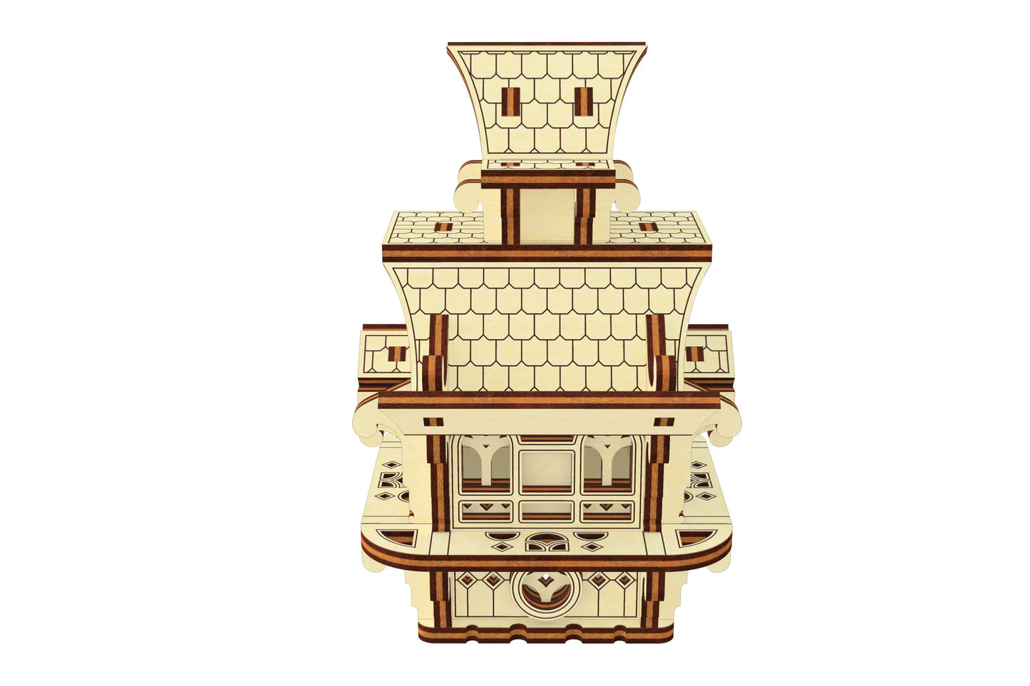 Rear 3D view of a small fairy house. Precise laser cut plywood design showcasing detailed roof shingle architecture.