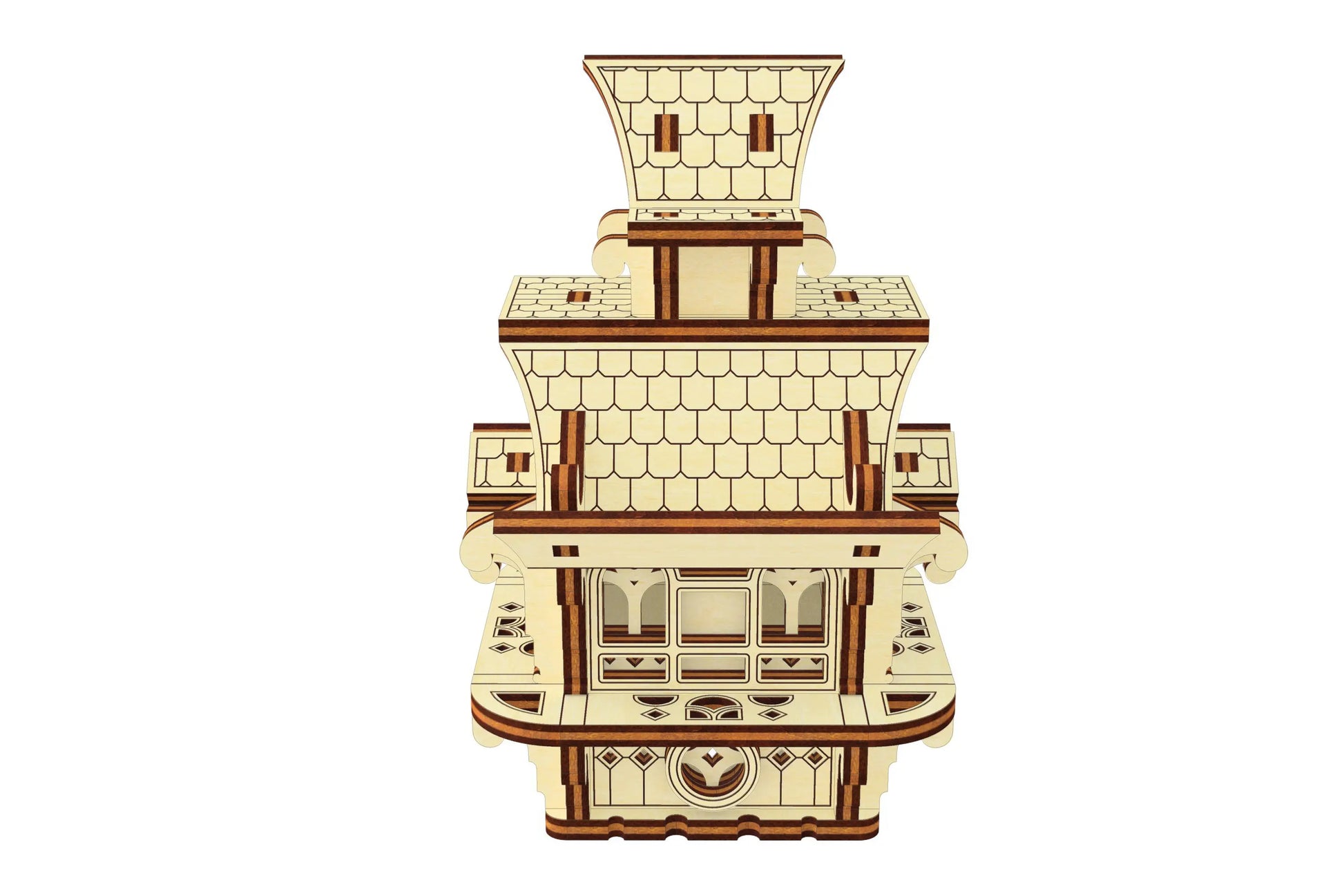 Rear 3D view of a small fairy house. Precise laser cut plywood design showcasing detailed roof shingle architecture.