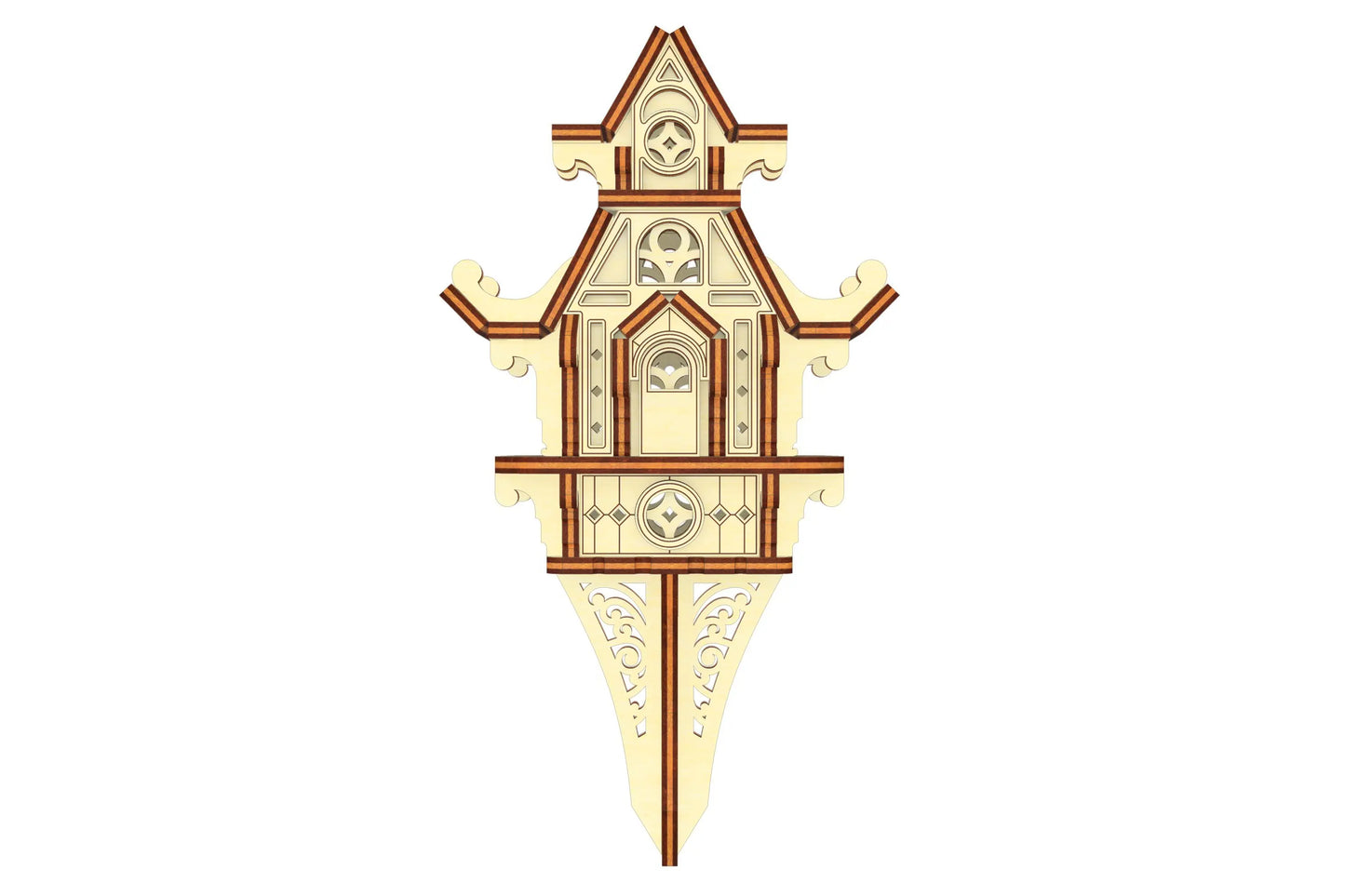 Front 3D view of a fairy house garden stake. Shows the detailed laser cut plywood house attached to a decorative base.