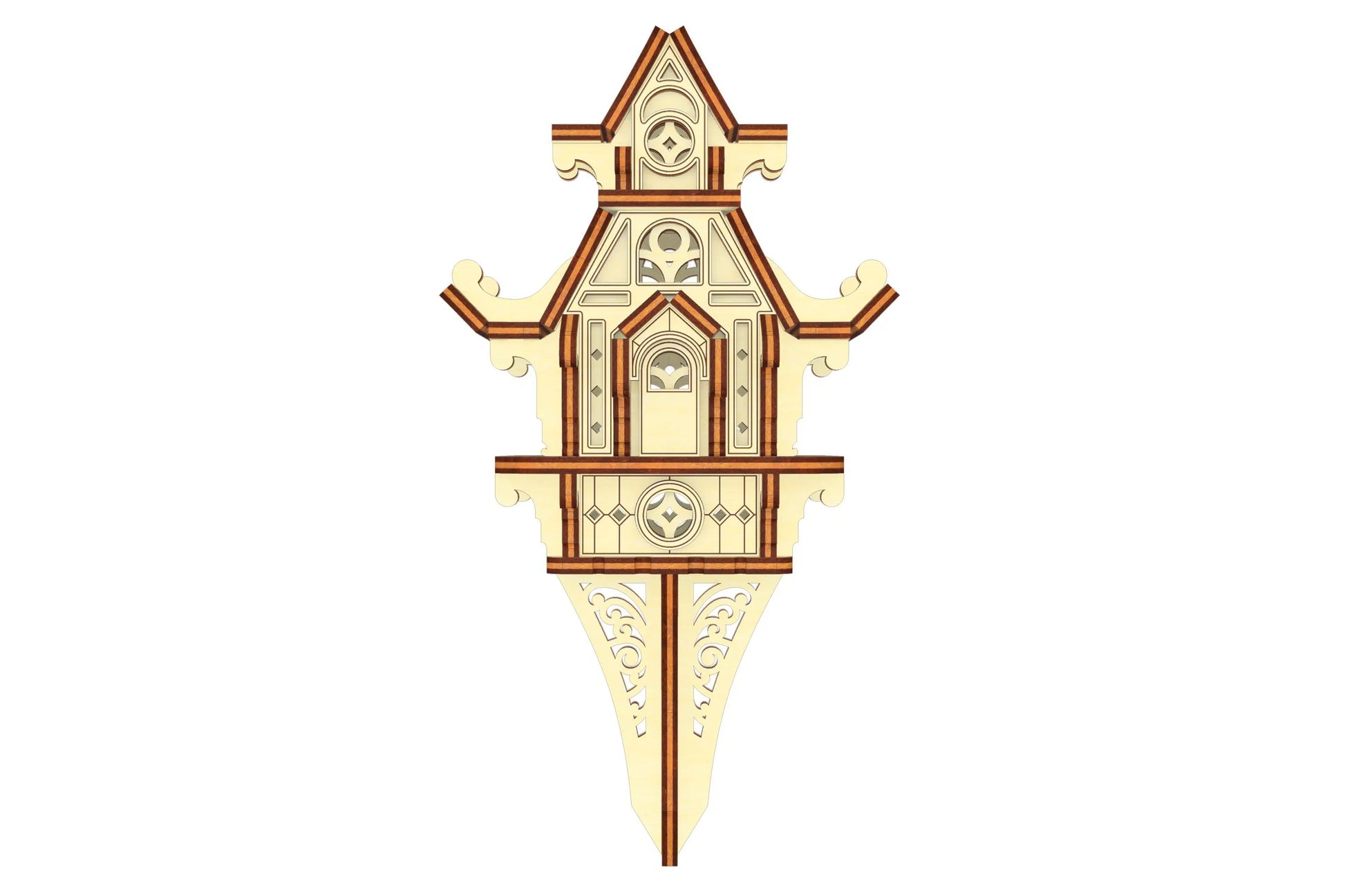 Front 3D view of a fairy house garden stake. Shows the detailed laser cut plywood house attached to a decorative base.