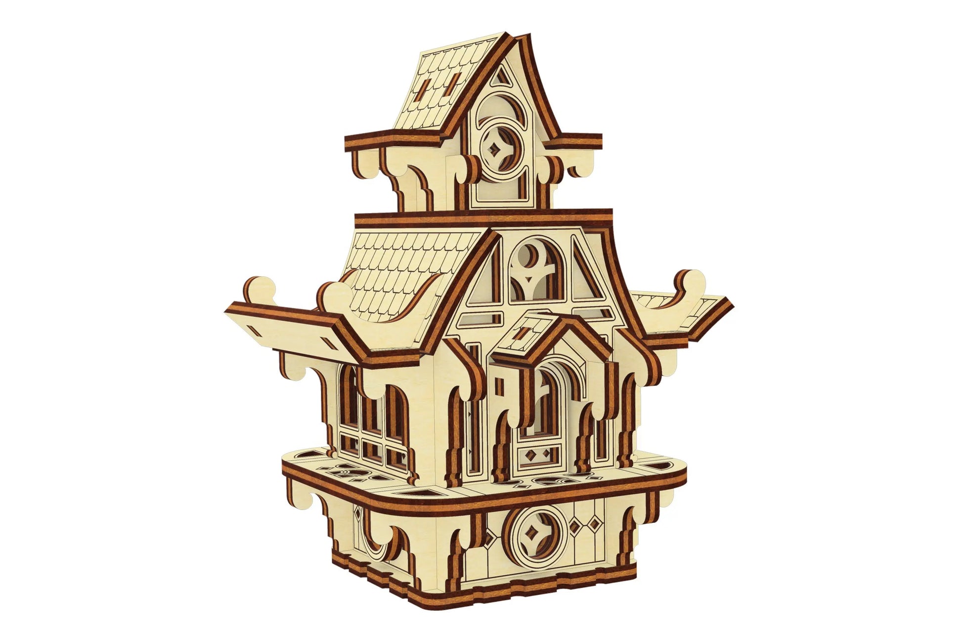 3D render of a small fairy house design. Intricate laser cut plywood model featuring gothic architectural details.