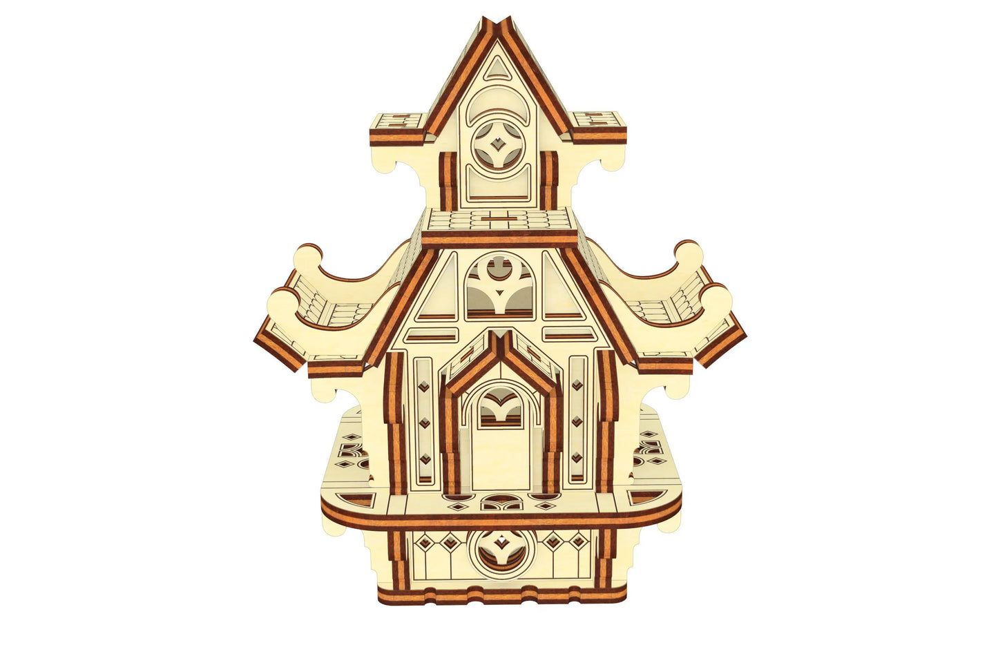 Front 3D render of a fairy house model. Features ornate laser cut plywood archways and detailed wooden window frames.