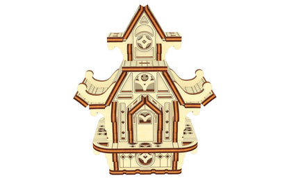 Front 3D render of a fairy house model. Features ornate laser cut plywood archways and detailed wooden window frames.