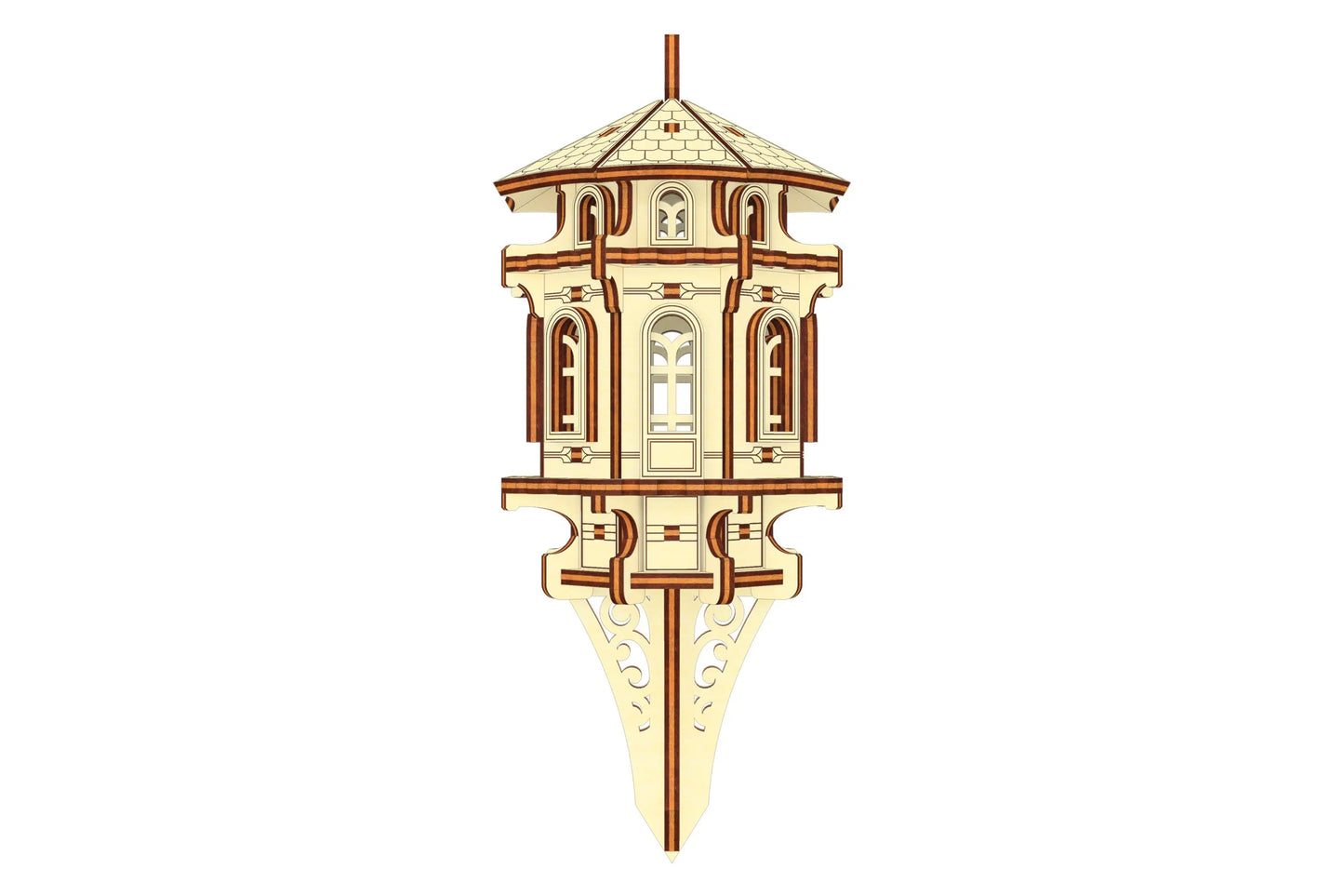 Technical design file of a miniature garden tower for laser cut plywood, showing the integrated garden stake.