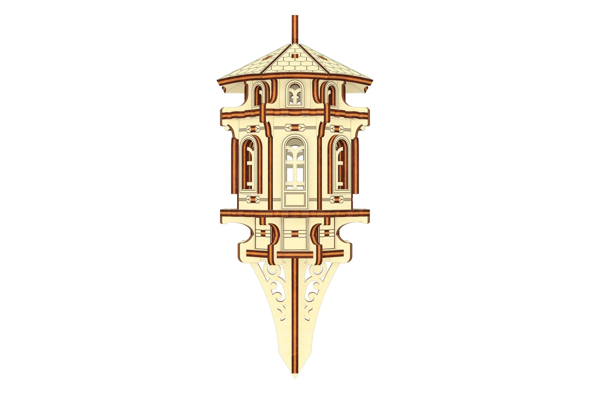 Technical design file of a miniature garden tower for laser cut plywood, showing the integrated garden stake.