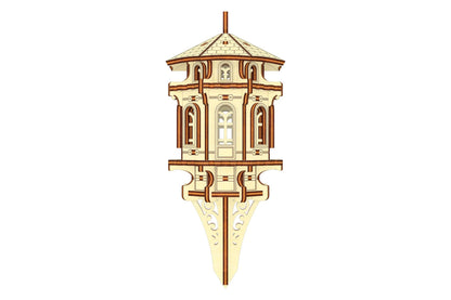 Technical design file of a miniature garden tower for laser cut plywood, showing the integrated garden stake.