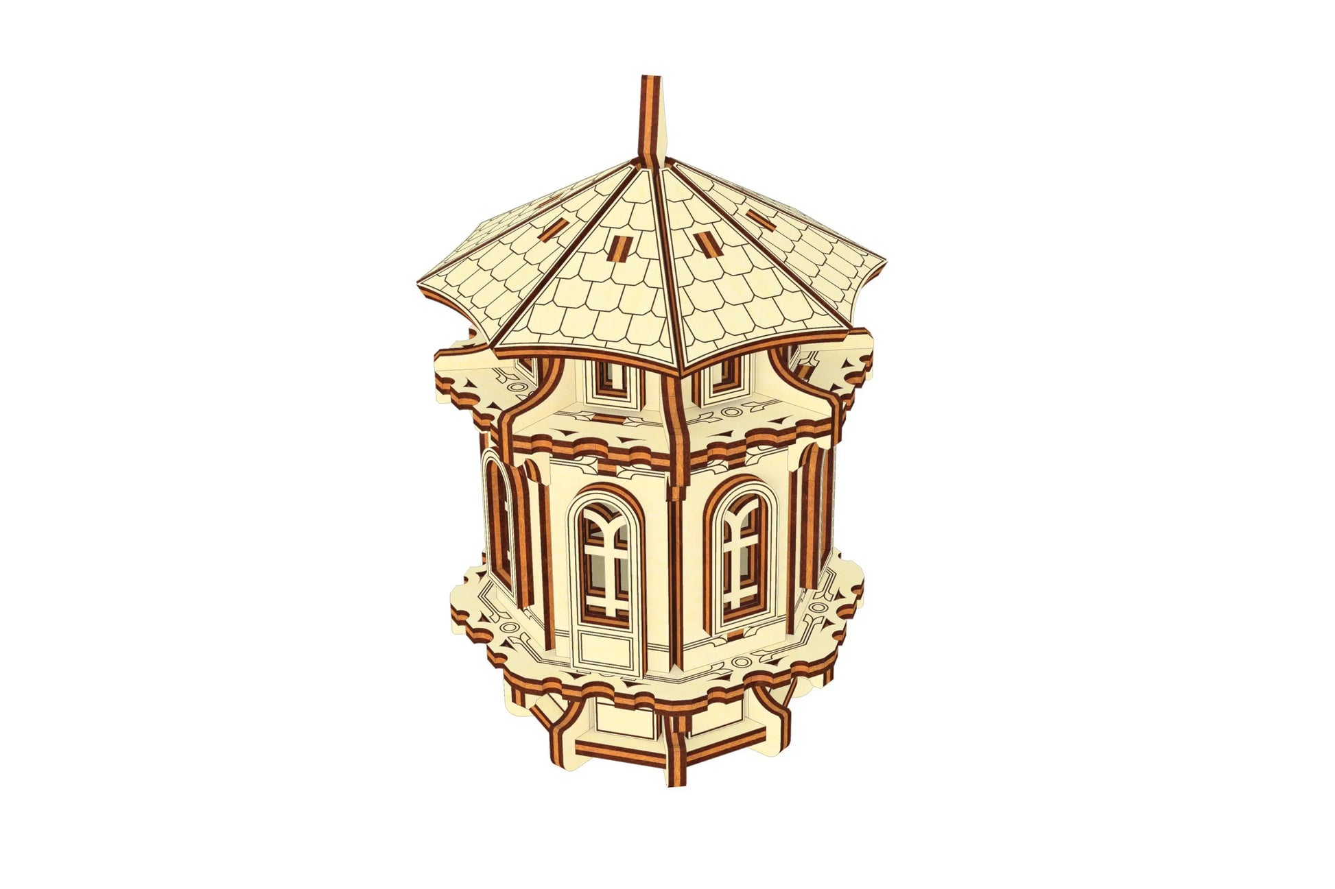 Elegant miniature tower model made of laser cut plywood, ideal for garden decor or tabletop ornamentation.