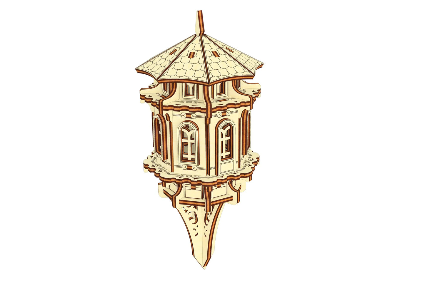 3D isometric view of a laser cut plywood garden tower model, featuring detailed roof tiles and arched windows.