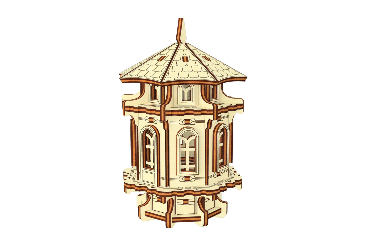3D digital design of a laser cut plywood garden tower, showing the assembly structure and decorative aesthetic.