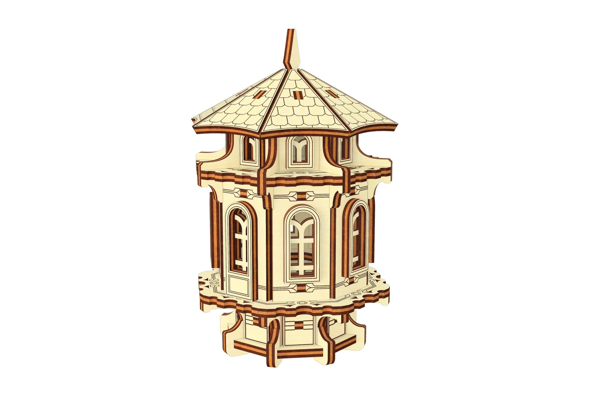 3D digital design of a laser cut plywood garden tower, showing the assembly structure and decorative aesthetic.
