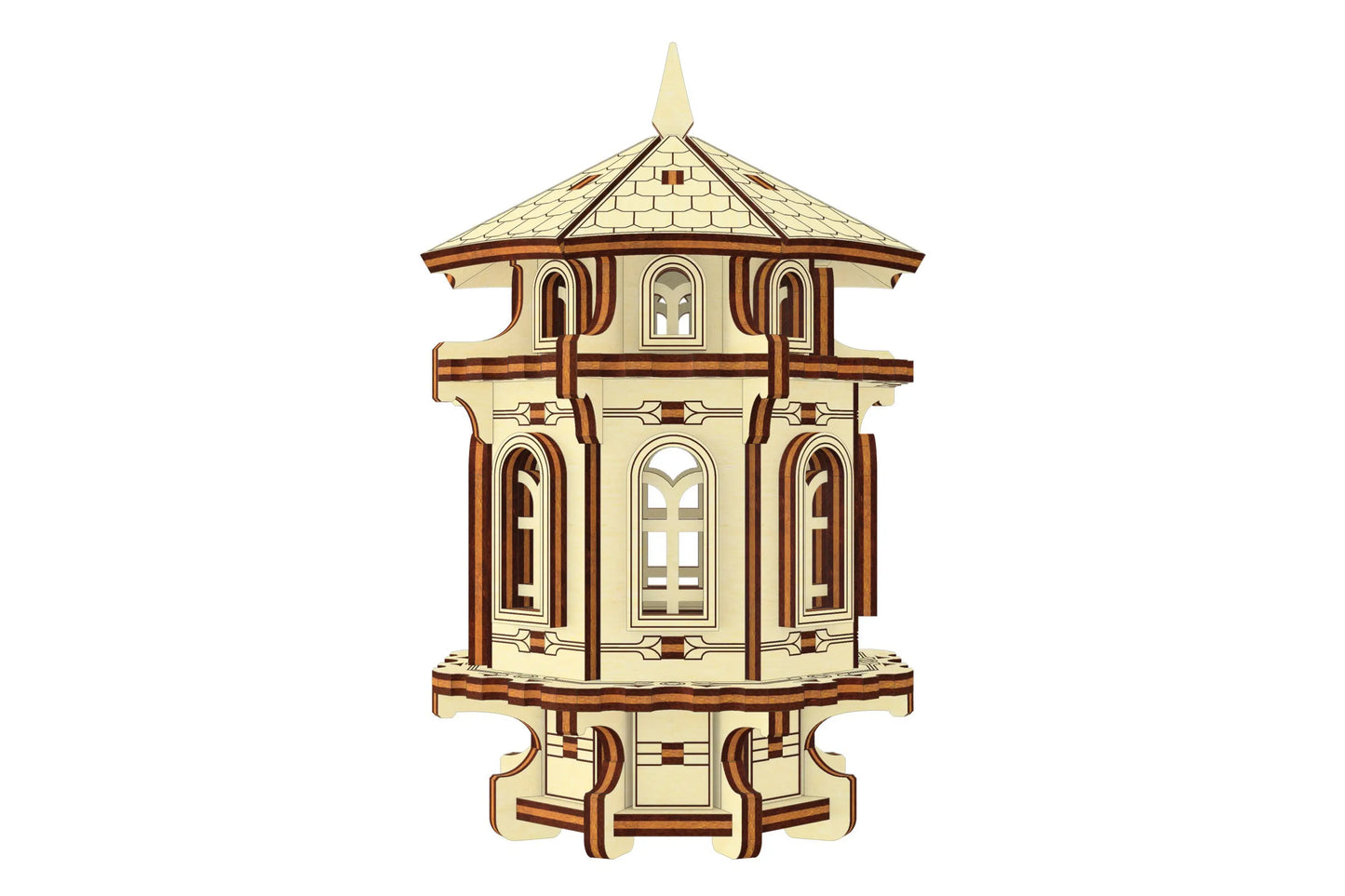 Flat-view design of a laser cut plywood garden tower, emphasizing the intricate window and balcony patterns.