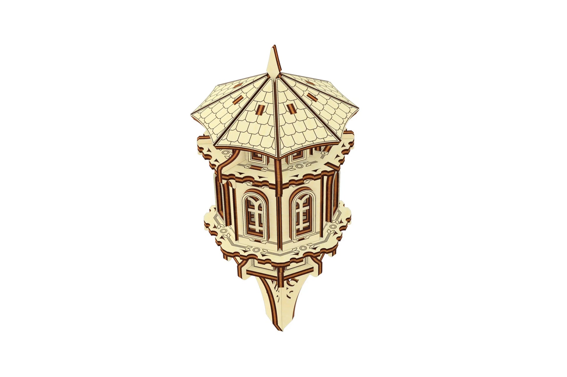 Model preview of a laser cut plywood garden tower, highlighting its hexagonal design and wood-crafted details.