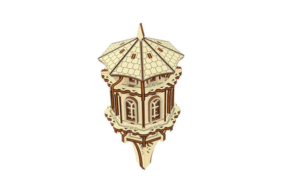 Model preview of a laser cut plywood garden tower, highlighting its hexagonal design and wood-crafted details.