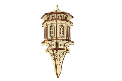 Detailed render of a laser cut plywood garden tower, showcasing the precise architectural structure and stake base.