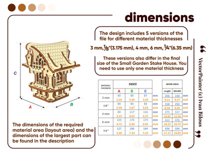 Dimension chart for laser cut plywood house showing five material thickness versions and corresponding work area sizes.