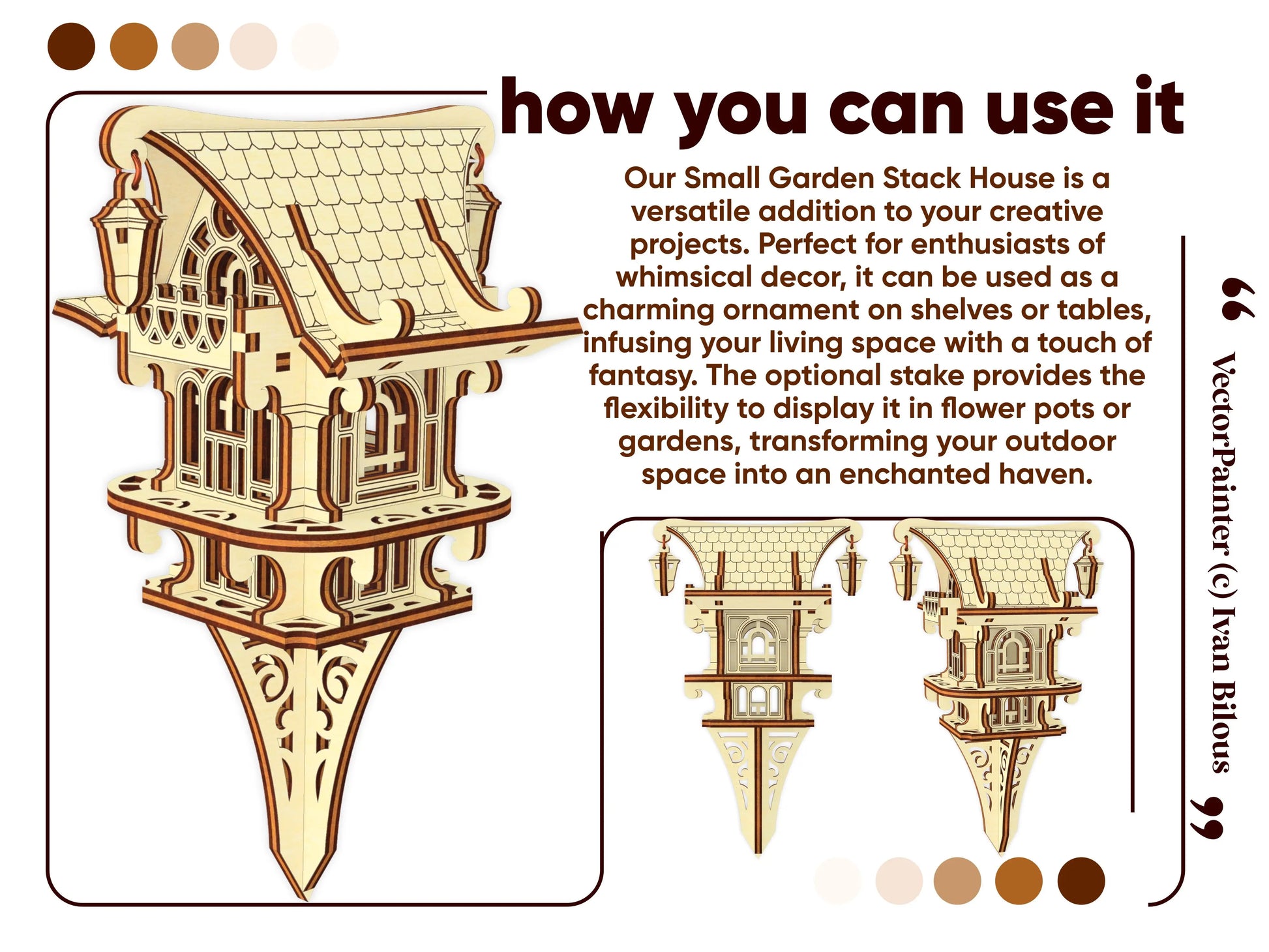 Whimsical laser cut plywood house ornament with optional garden stake for plants or home decor, showing side views.
