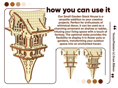 Whimsical laser cut plywood house ornament with optional garden stake for plants or home decor, showing side views.