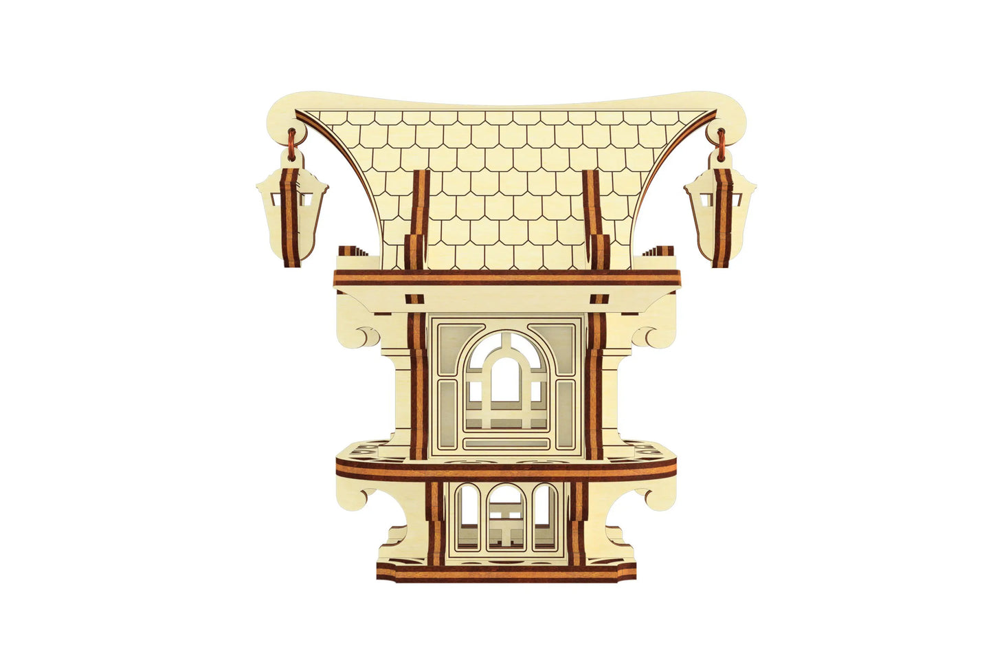 Symmetrical front view of a miniature fairy house, showcasing clean laser cut plywood textures and gothic window styles.