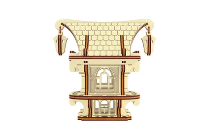 Symmetrical front view of a miniature fairy house, showcasing clean laser cut plywood textures and gothic window styles.