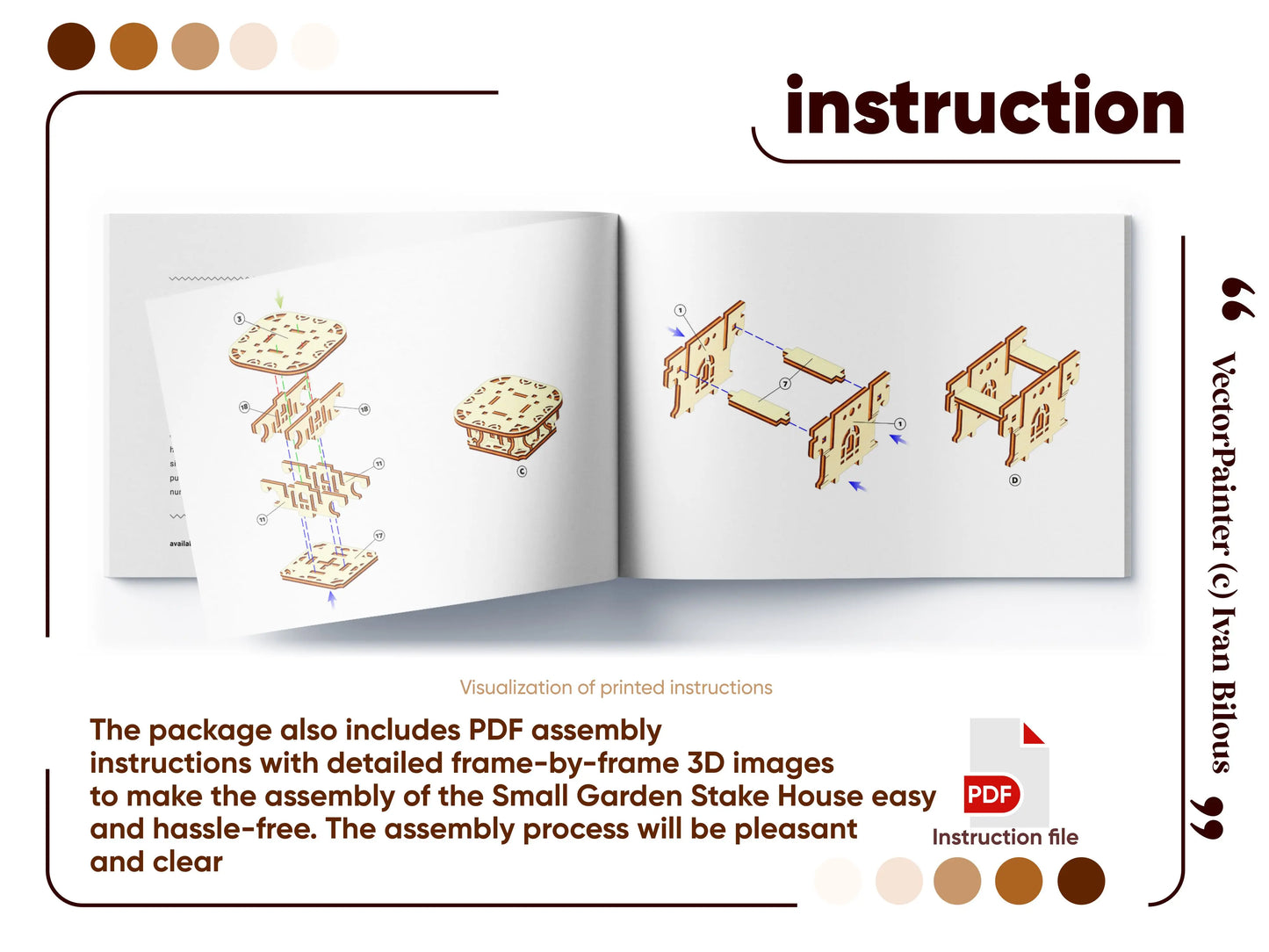 Opened manual showing 3D assembly instructions for a miniature laser cut plywood fairy house with numbered part diagrams.